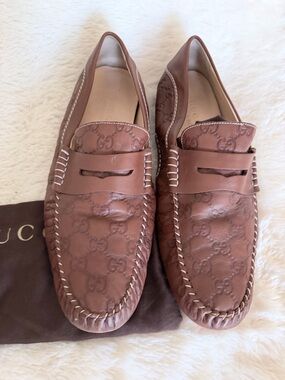 Gucci Brown Leather GG Embossed Penny Loafers